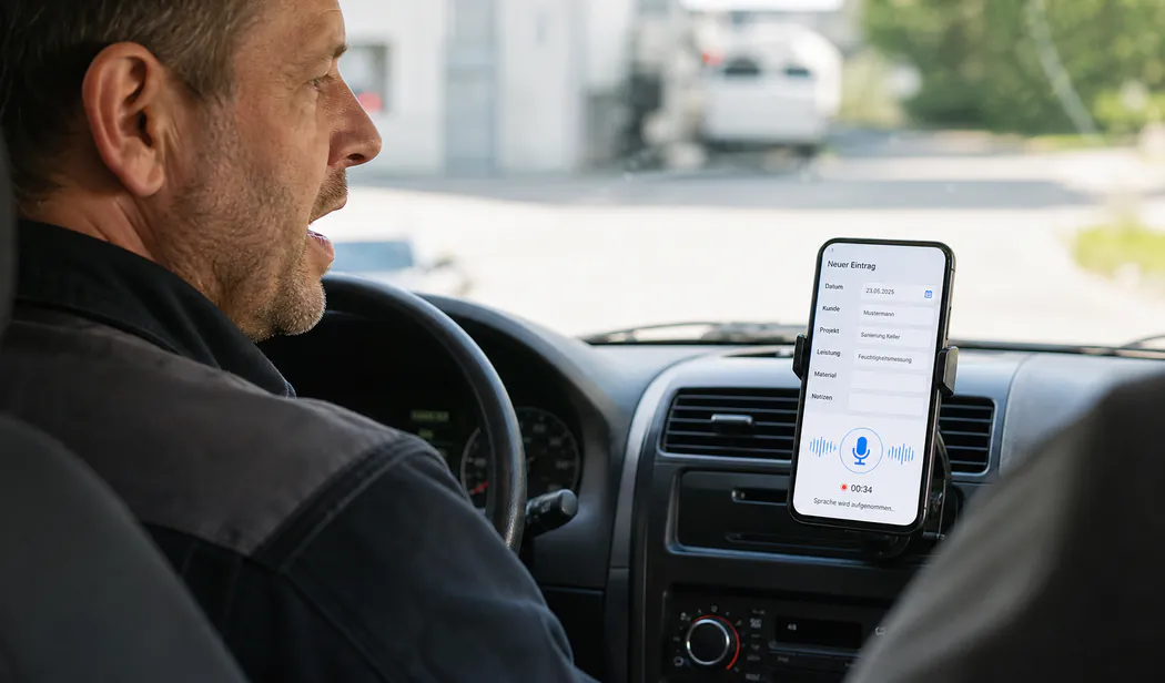 Außendienst-Mitarbeiter erfasst seinen Bericht per Sprache im Auto, statt ihn abzutippen
