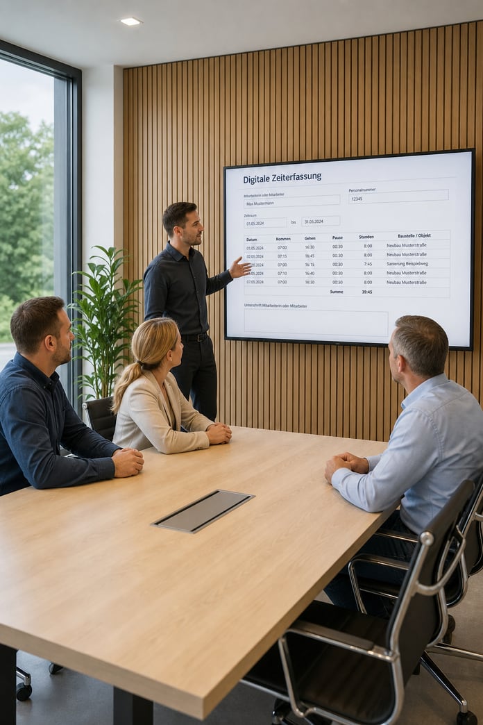 Beratungsgespräch zur digitalen Zeiterfassung im Besprechungsraum