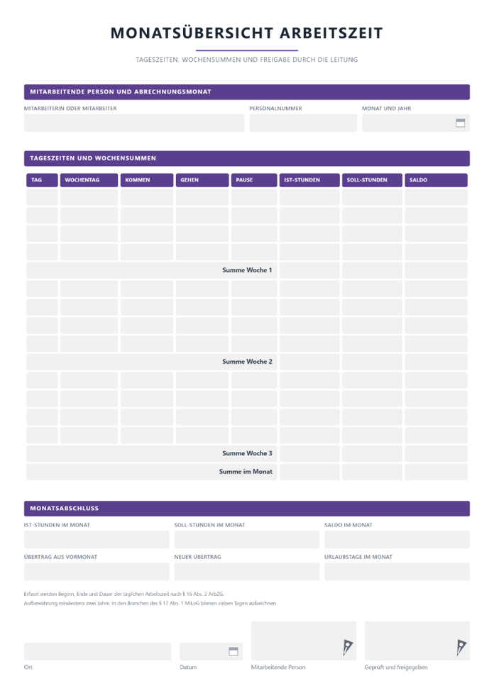 Interaktiver PDF-Monatsbogen zur Zeiterfassung mit automatischer Summenbildung