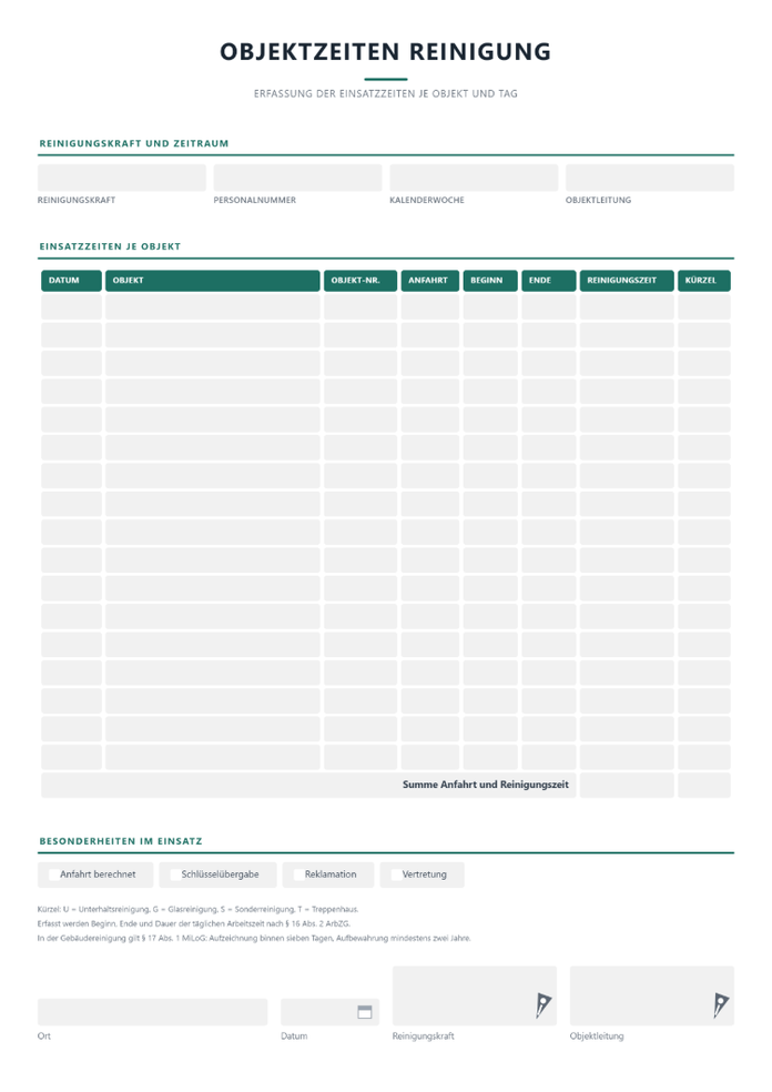 Kompaktes Tool zur Zeiterfassung mit Objektkatalog für die Gebäudereinigung