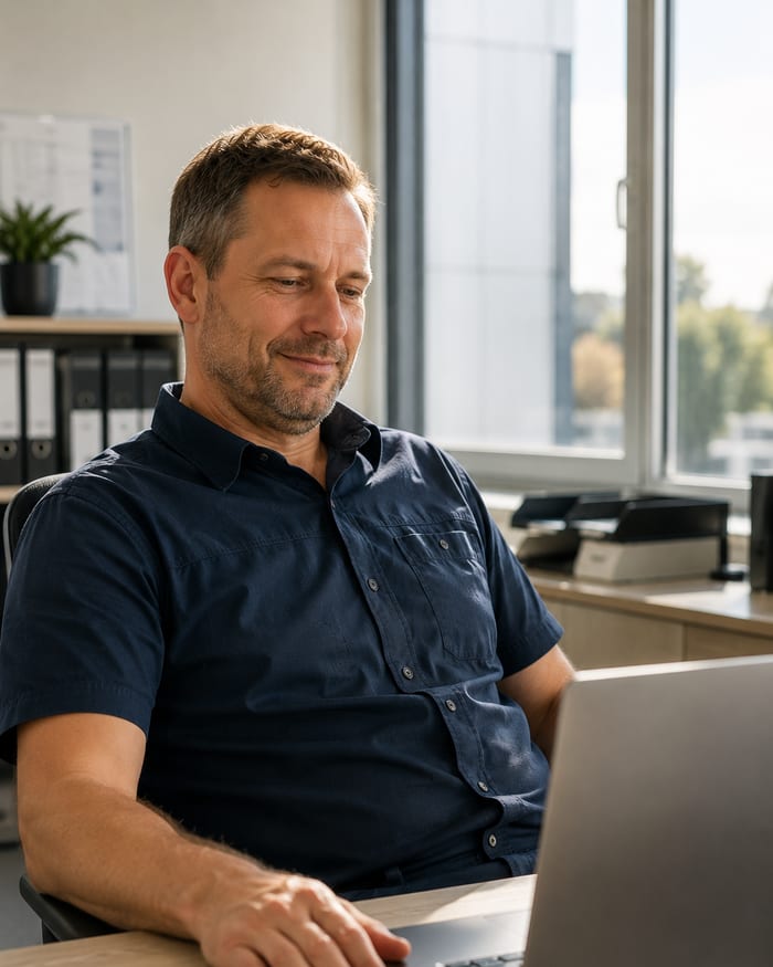 Mitarbeiter arbeitet zufrieden an einem softwareähnlichen Formular