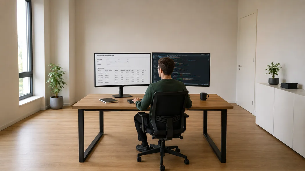 Arbeitsplatz mit Erfassungsformular und Auswertung auf zwei Monitoren