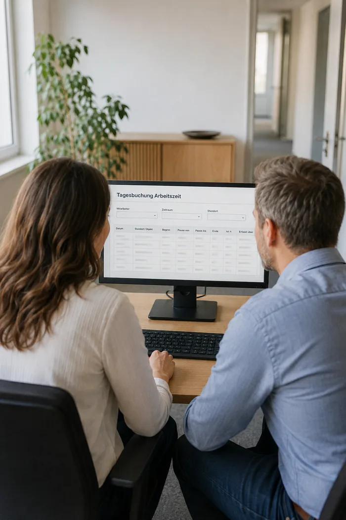 Zwei Mitarbeiter im Büro mit digital erfassten Arbeitszeiten