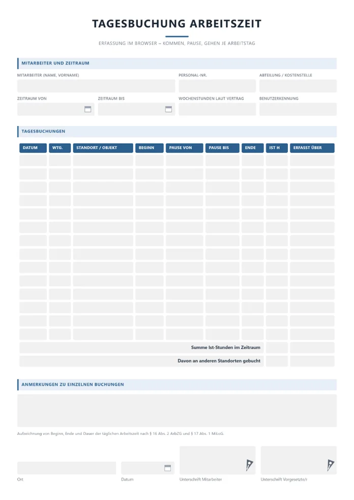 Webformular zur Tagesbuchung mit Kommen, Gehen und Pausen