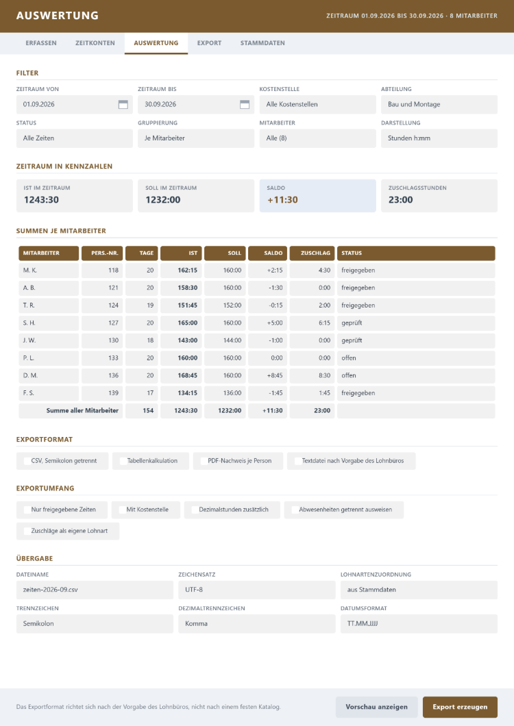 Auswertung und Export im Zeiterfassungsprogramm