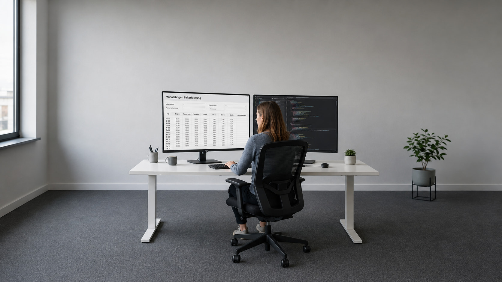 Entwickler programmiert ein Zeiterfassungsformular an zwei Monitoren