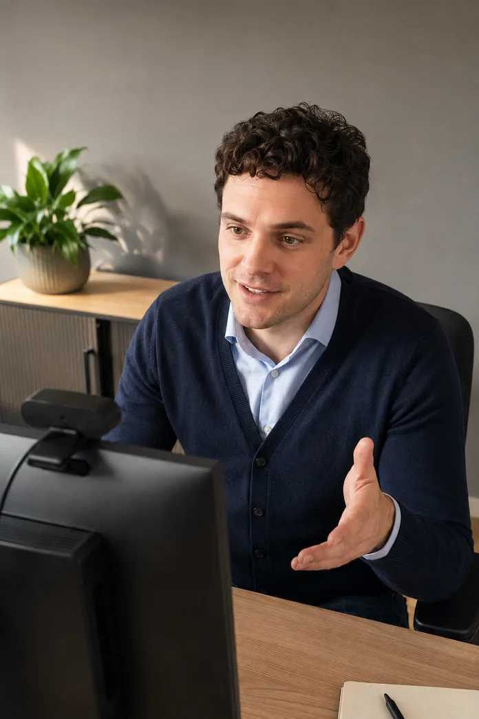 Berater erklärt im Online-Meeting den Aufbau des Zeiterfassungssystems