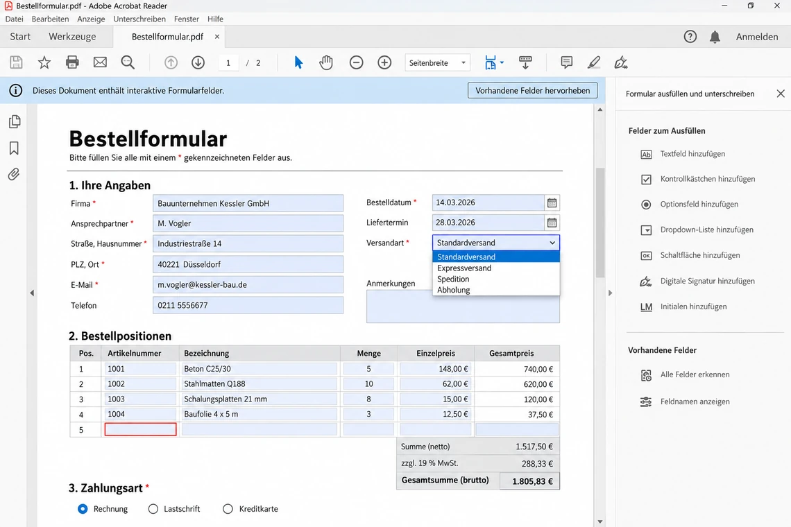 Dasselbe Formular als interaktives PDF beim Ausfüllen