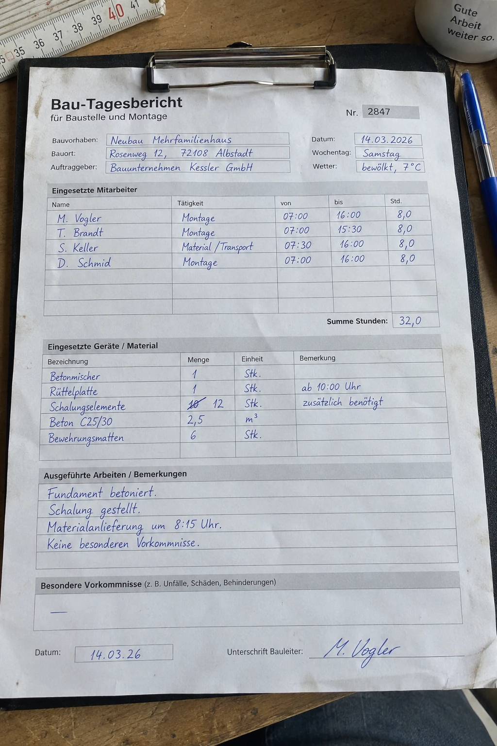 Handschriftlich ausgefüllter Papiervordruck als Ausgangslage