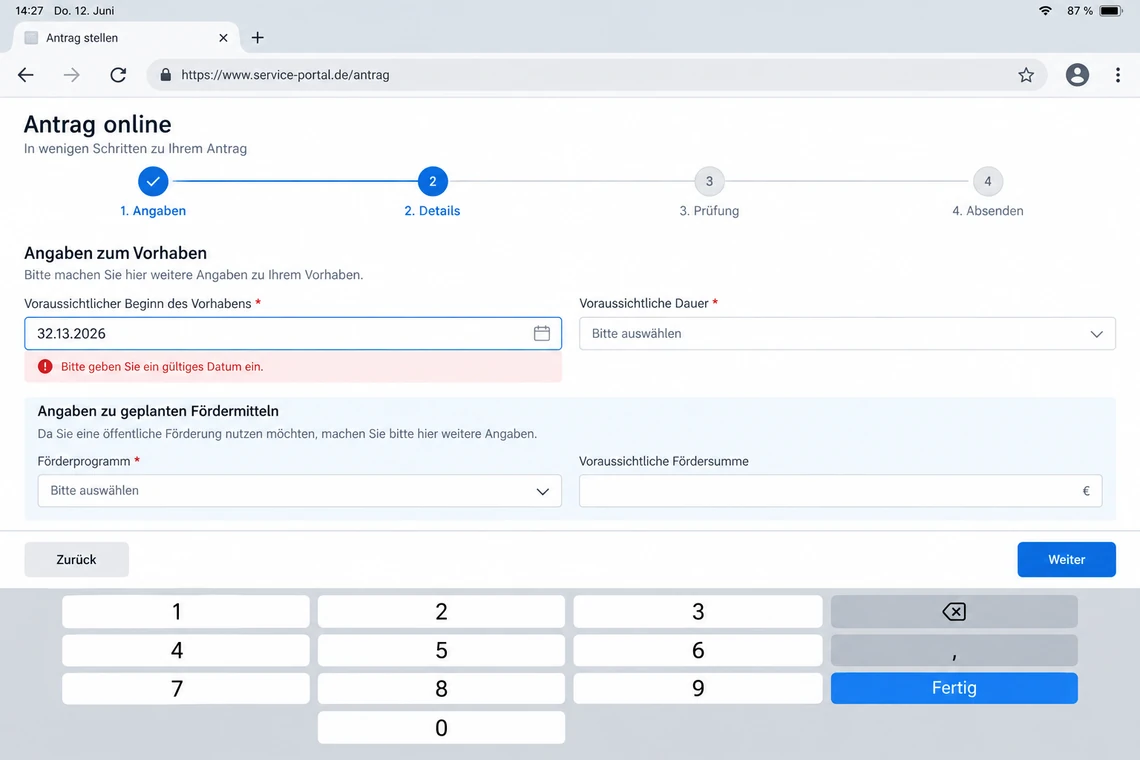 Dasselbe Formular als Webformular auf dem Tablet