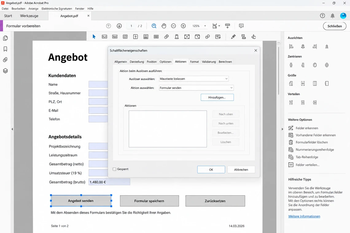 Schaltflächeneigenschaften in Acrobat Pro mit der Aktion Formular senden