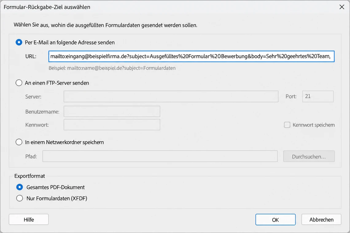 Sendedialog in Acrobat Pro mit vorbelegter mailto-Adresse, Betreff und Nachrichtentext