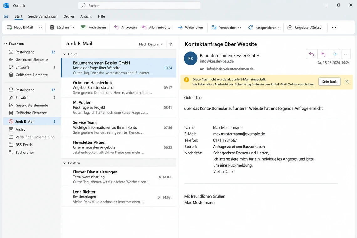 Dieselbe Formular-E-Mail im Junk-Ordner mit Warnleiste zur Spam-Einstufung