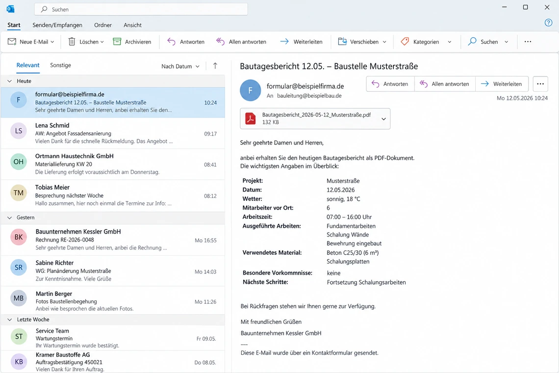 Eingegangene Formular-E-Mail im Posteingang mit Feld-Wert-Liste und PDF-Anhang