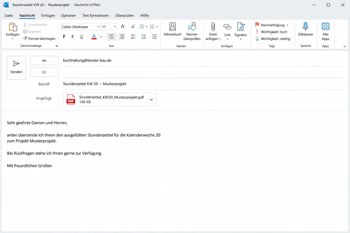 Vom PDF geöffnetes Mailfenster mit vorbelegtem Empfänger, Betreff und angehängter Datei