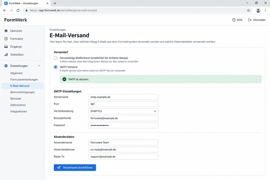 SMTP-Einstellungen eines Formularsystems mit Server, Port, Absenderadresse und Reply-To