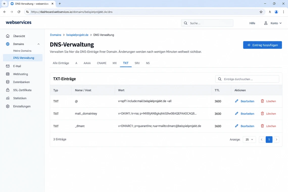 TXT-Einträge einer Domain mit SPF-, DKIM- und DMARC-Werten in der DNS-Verwaltung