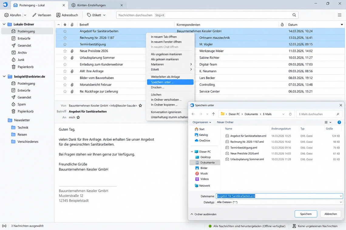 Markierte Nachrichten in Thunderbird werden über Speichern unter als einzelne EML-Dateien gesichert