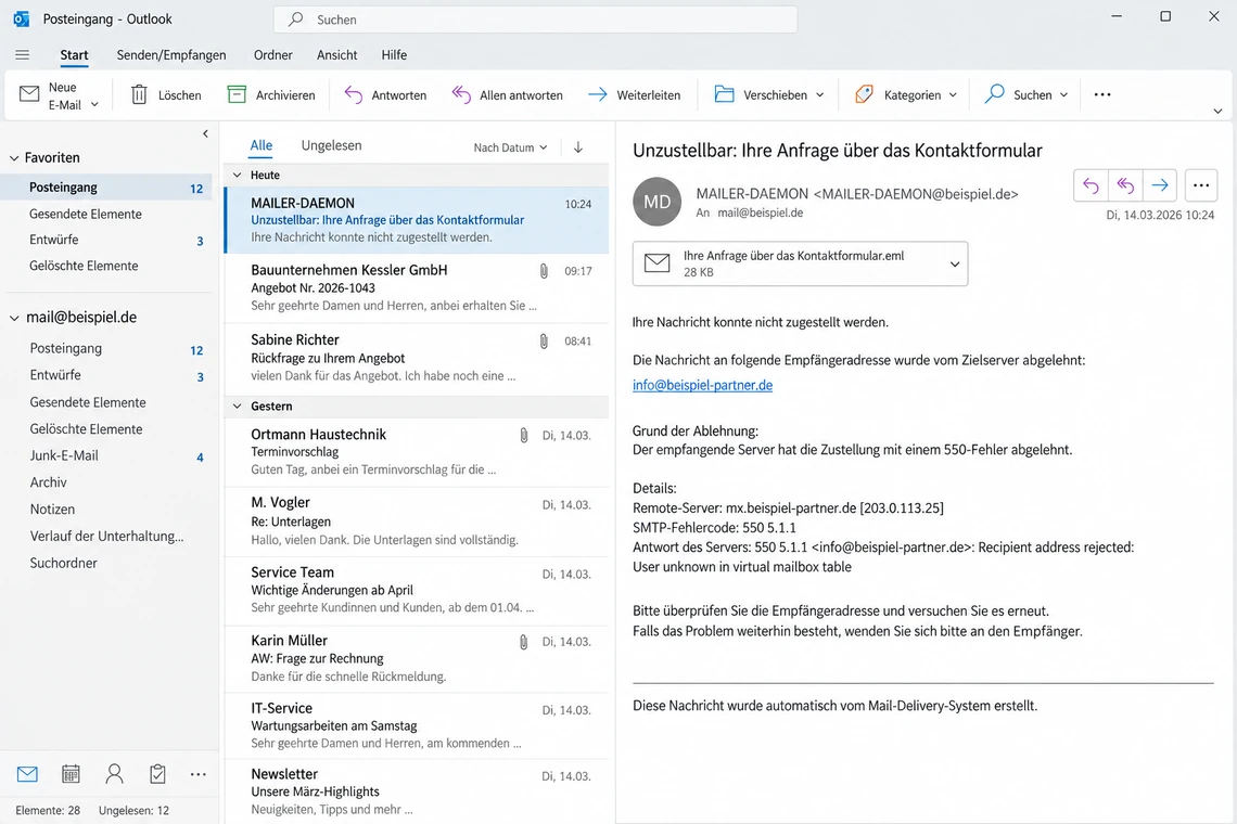 Unzustellbarkeitsbericht mit Empfängeradresse, SMTP-Fehlercode und angehängter Ursprungsnachricht