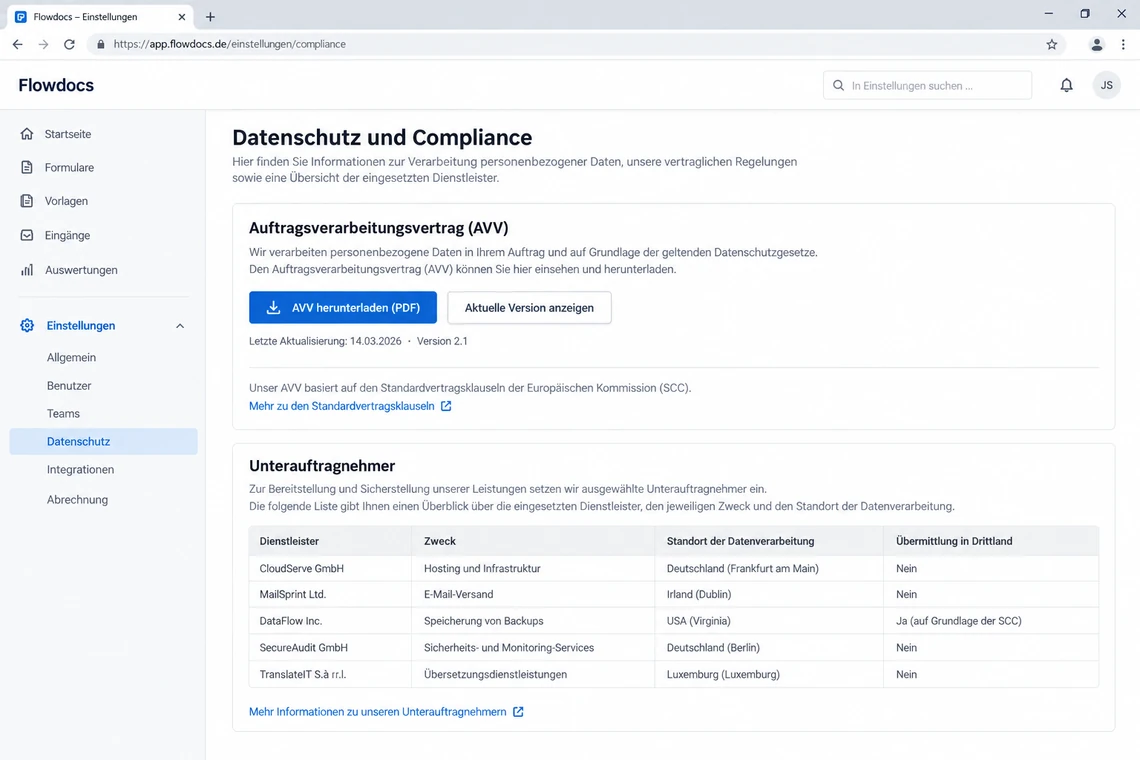 Auftragsverarbeitungsvertrag und Unterauftragnehmerliste im Konto eines Formular-Baukastens