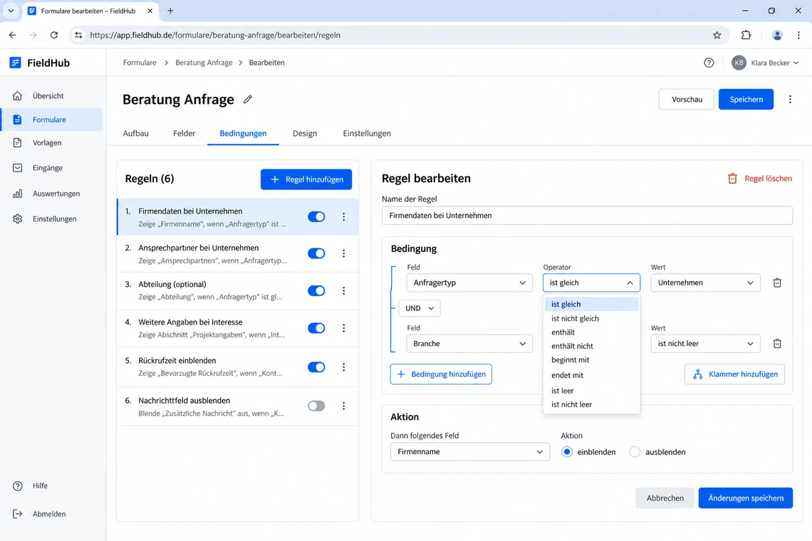 Regel-Editor für bedingte Felder in einem Formular-Baukasten mit Operatorenliste