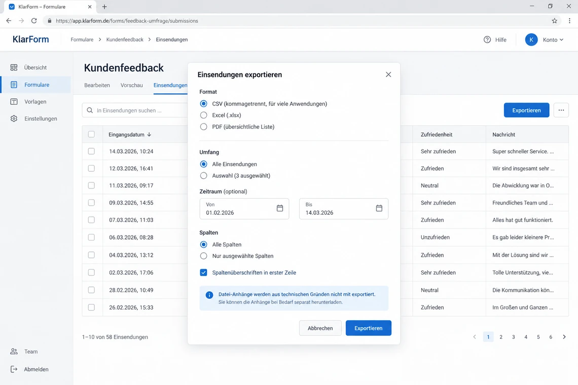 Export-Dialog für die Einsendungen eines Formular-Baukastens mit Formatauswahl und Umfang