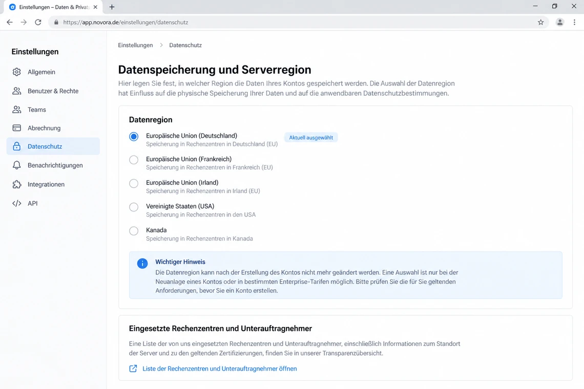 Einstellung zu Speicherort und Serverregion in den Kontoeinstellungen eines Formular-Baukastens
