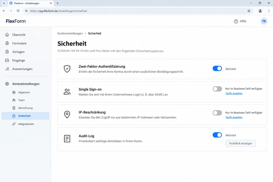 Sicherheitsoptionen eines Formular-Baukastens mit Tarifhinweis an SSO und Audit-Log