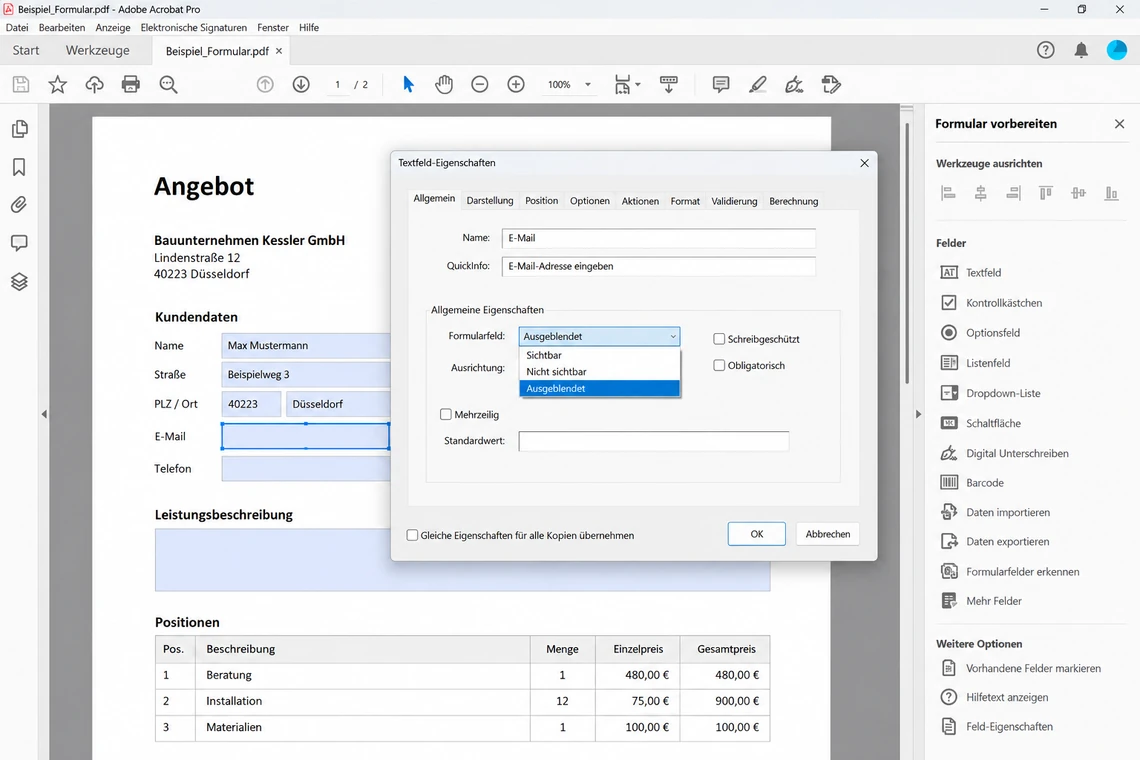 Feldeigenschaften in Acrobat mit der Einstellung „Ausgeblendet“