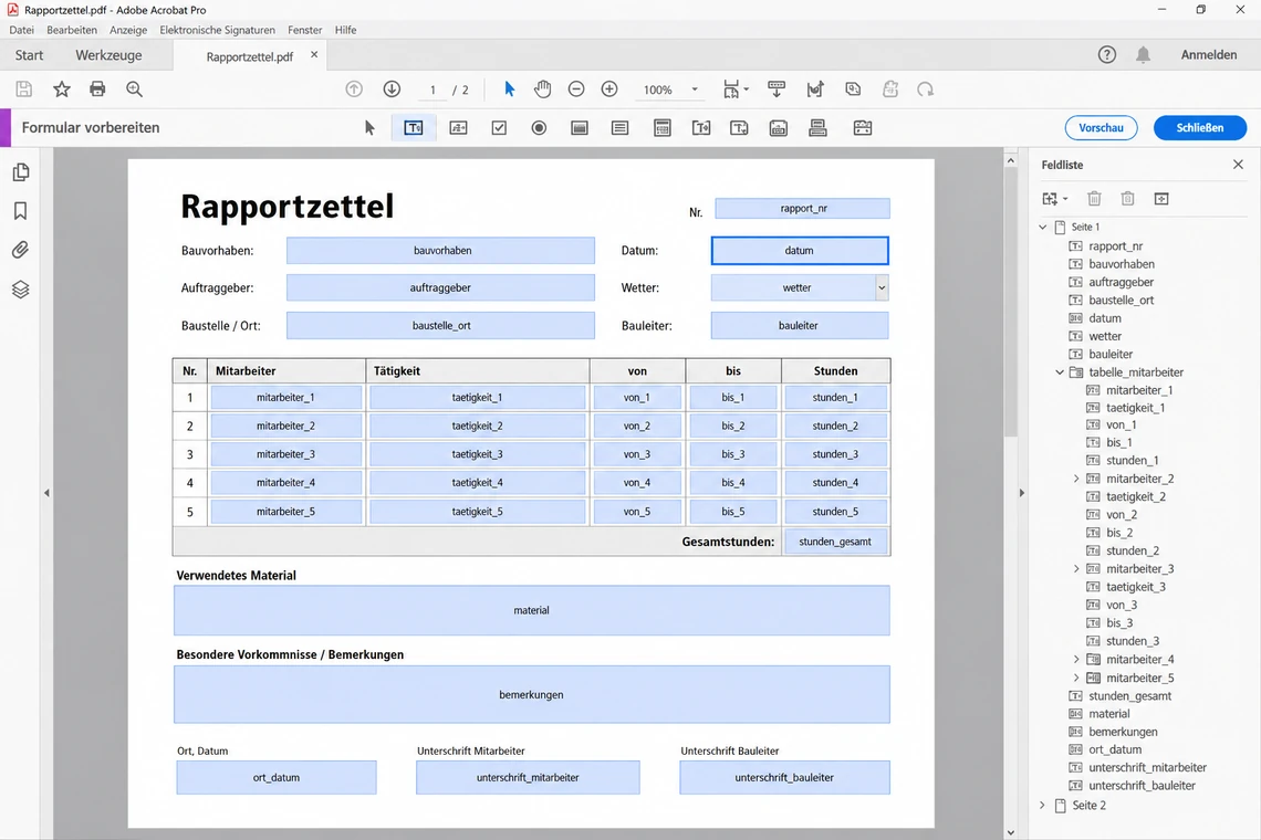 Derselbe Rapportzettel als interaktives PDF-Formular in der Formularbearbeitung