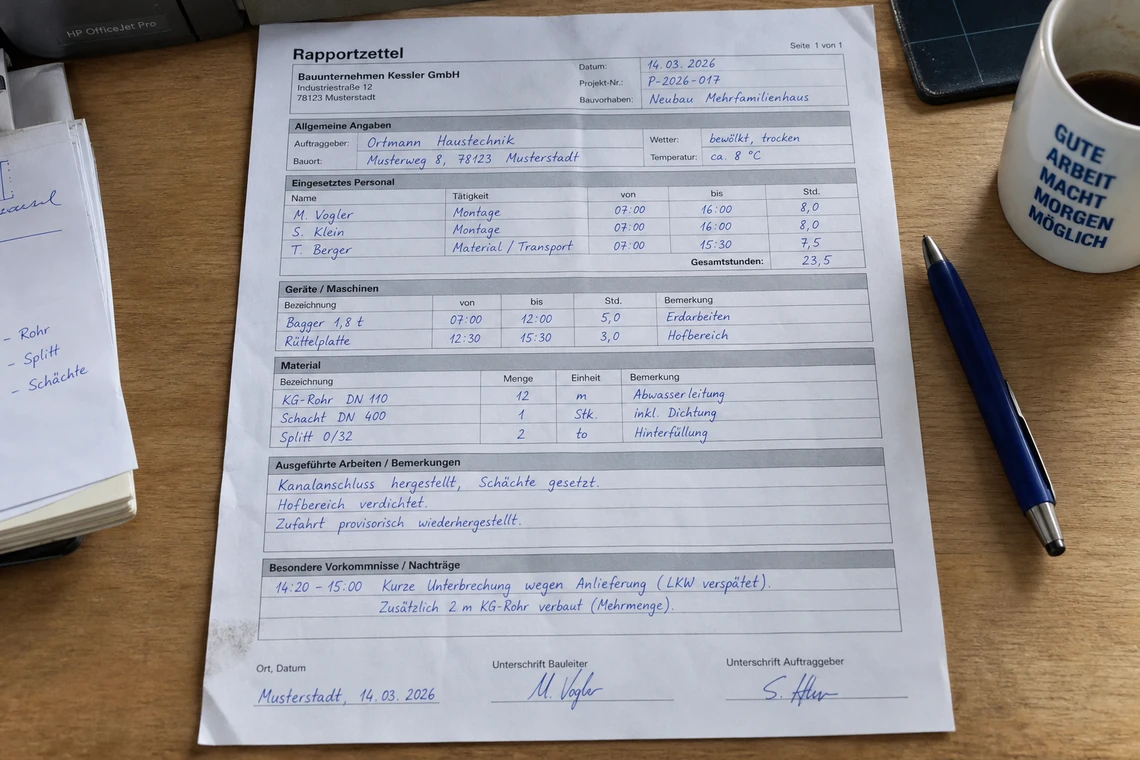 Derselbe Rapportzettel als ausgedrucktes, unterschriebenes Papierformular