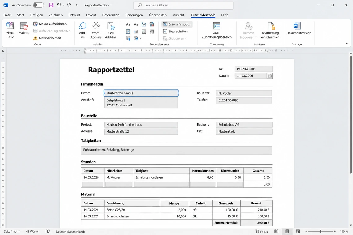 Derselbe Rapportzettel als Word-Formular mit Inhaltssteuerelementen