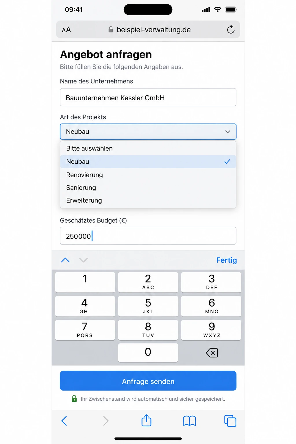 Dasselbe Webformular einspaltig auf dem Smartphone