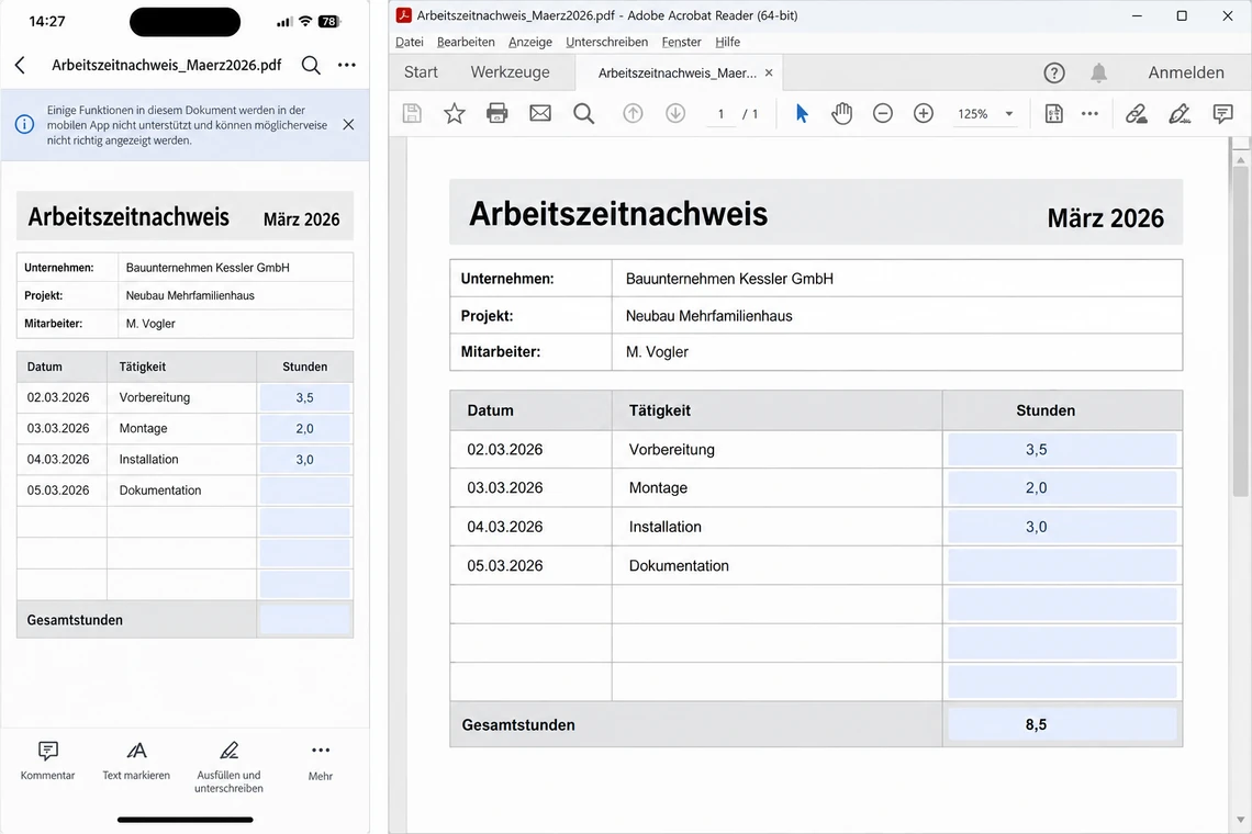 Summenfeld eines PDF-Formulars bleibt in der mobilen Viewer-App leer