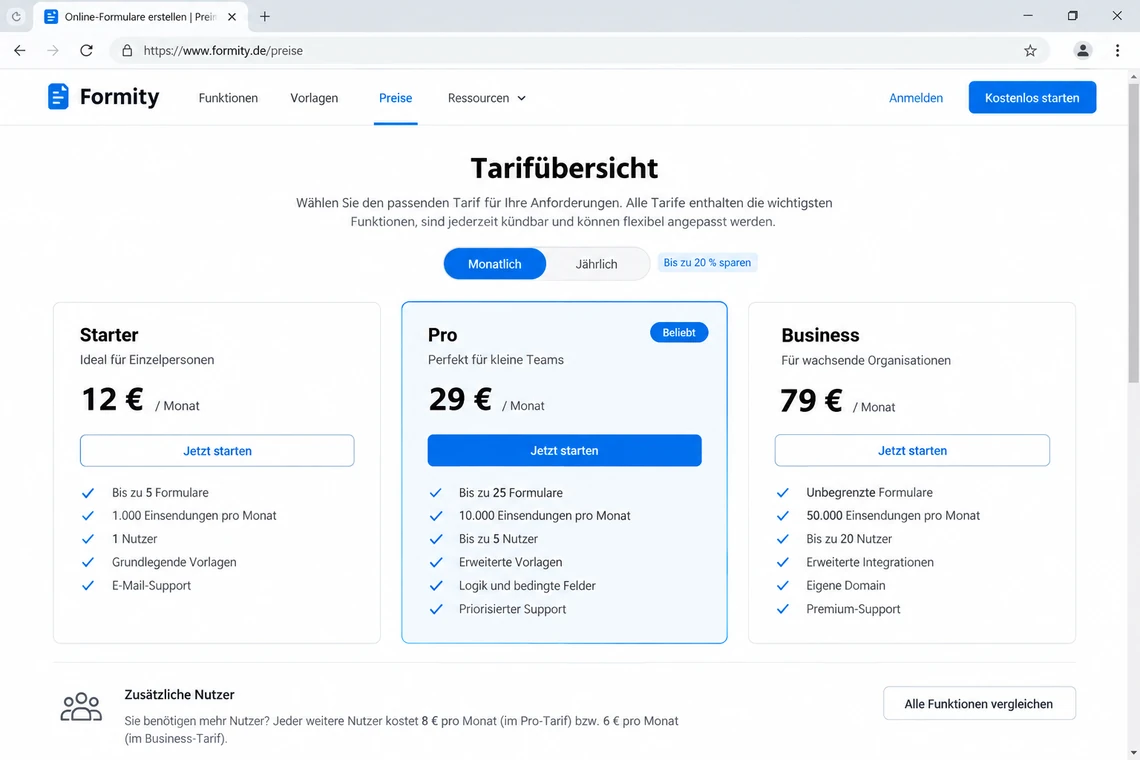 Preisseite eines Formular-Abos mit Monats- und Jahrespreisen