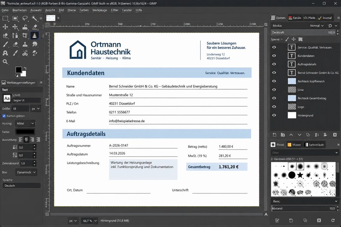Grafisches Formular-Mockup im Designwerkzeug ohne echte Formularfelder