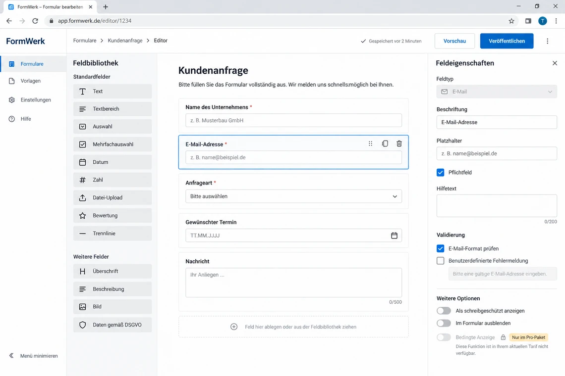 Baukasten-Oberfläche eines Formularanbieters im Bearbeitungsmodus