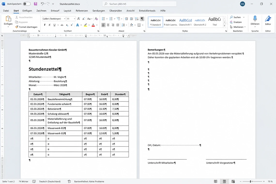 Selbst gebautes Word-Formular mit verrutschtem Layout und eingeblendeten Formatierungszeichen