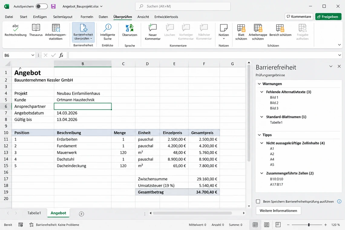 Aufgabenbereich Barrierefreiheit mit Warnungen zu einem Excel-Formular
