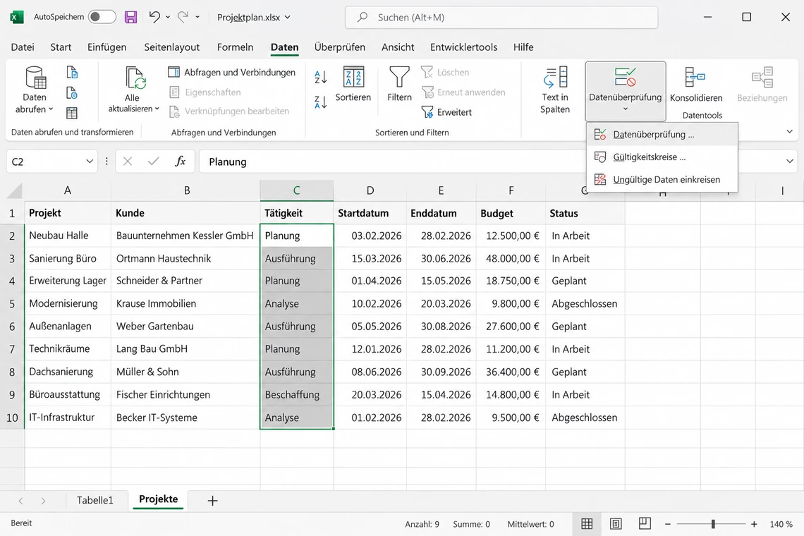 Datenüberprüfung im Excel-Menüband unter Daten aufrufen