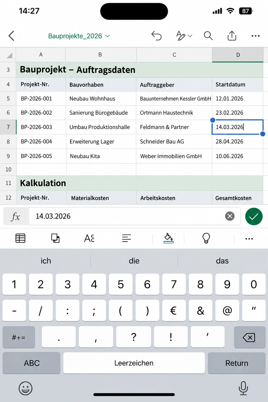 Dasselbe Formular in der mobilen Excel-App auf dem Smartphone