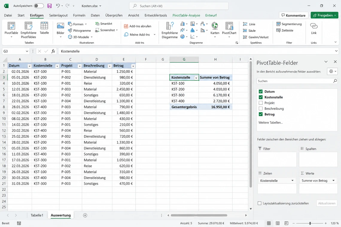 PivotTable aus einer Datenliste erstellen und auswerten