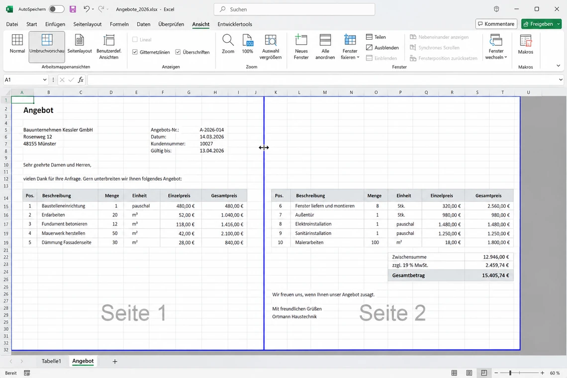 Seitenumbrüche in der Excel-Umbruchvorschau kontrollieren