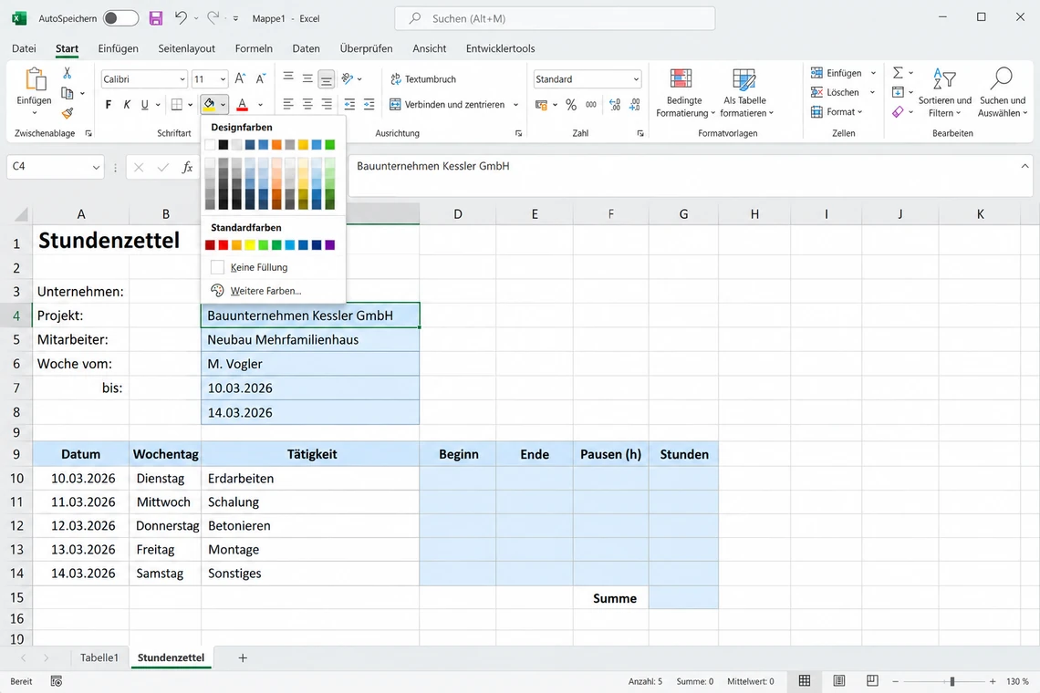 Ein aus eingefärbten Excel-Zellen zusammengesetztes Erfassungsblatt