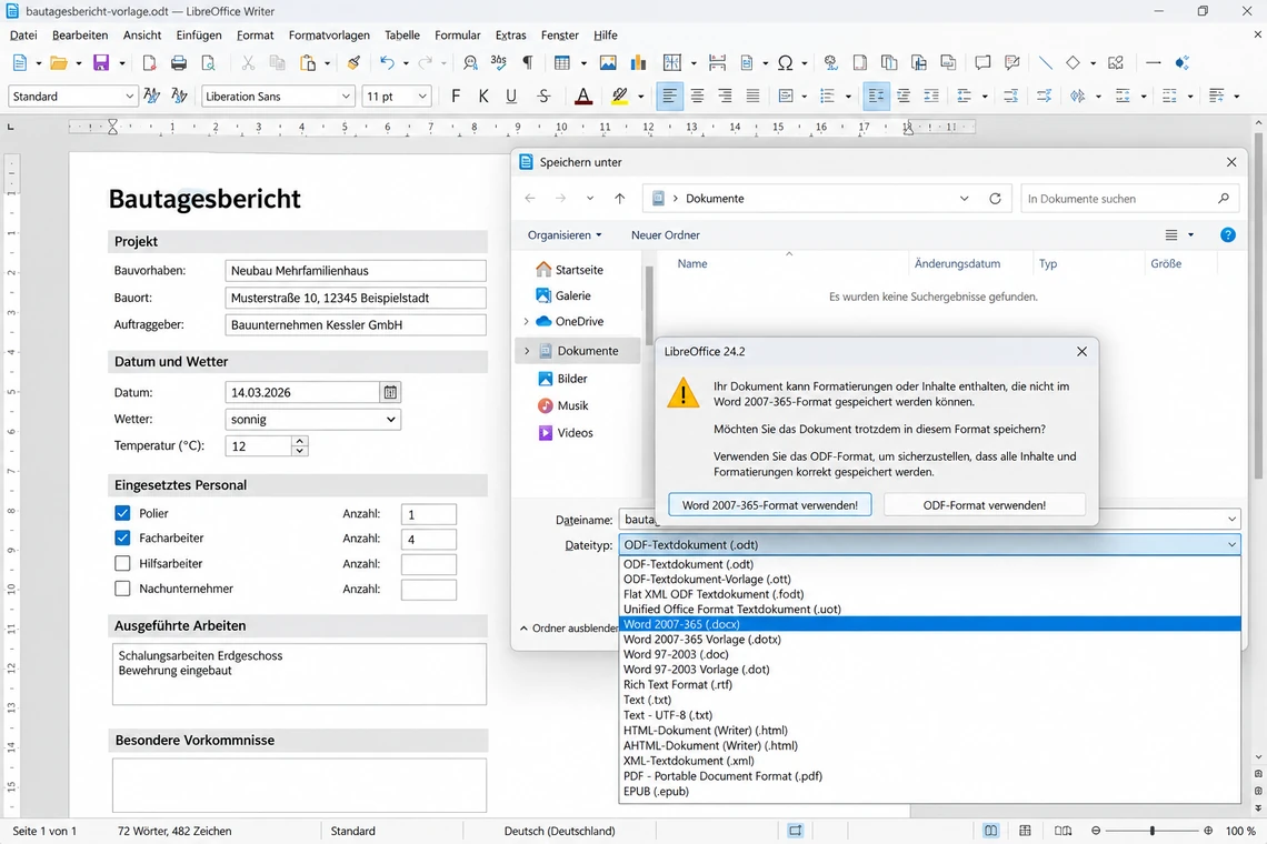 Speichern eines LibreOffice-Formulars als .docx samt Formatwarnung