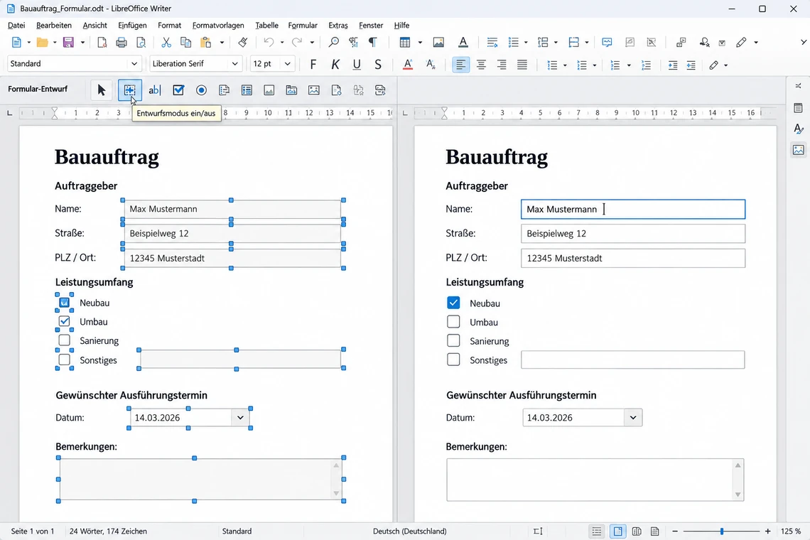 Entwurfsmodus in LibreOffice Writer umschalten, Bearbeiten- und Ausfüllen-Zustand nebeneinander