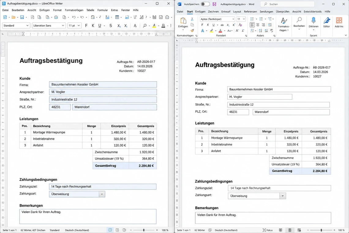 Layoutunterschied desselben Formulars in LibreOffice Writer und in Microsoft Word