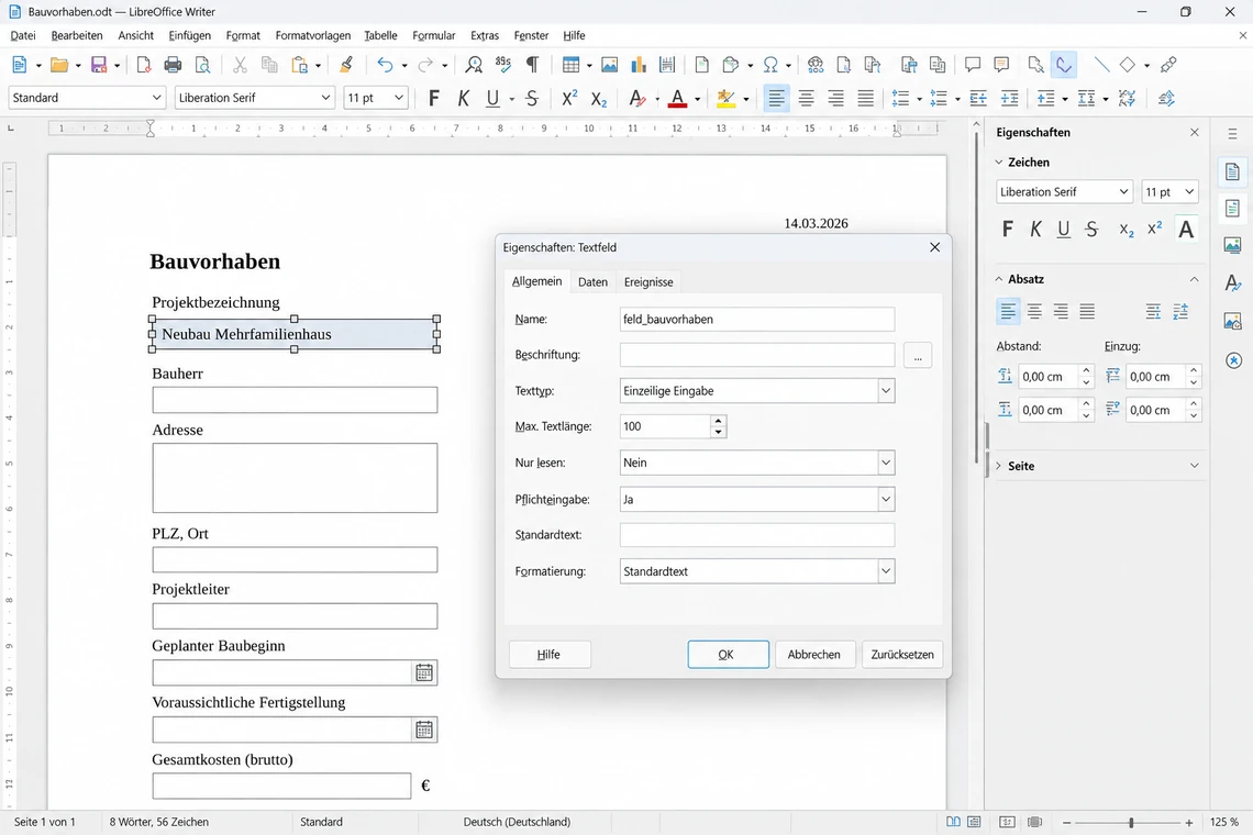 Dialog „Kontrollfeld-Eigenschaften“ eines Textfeldes in LibreOffice Writer