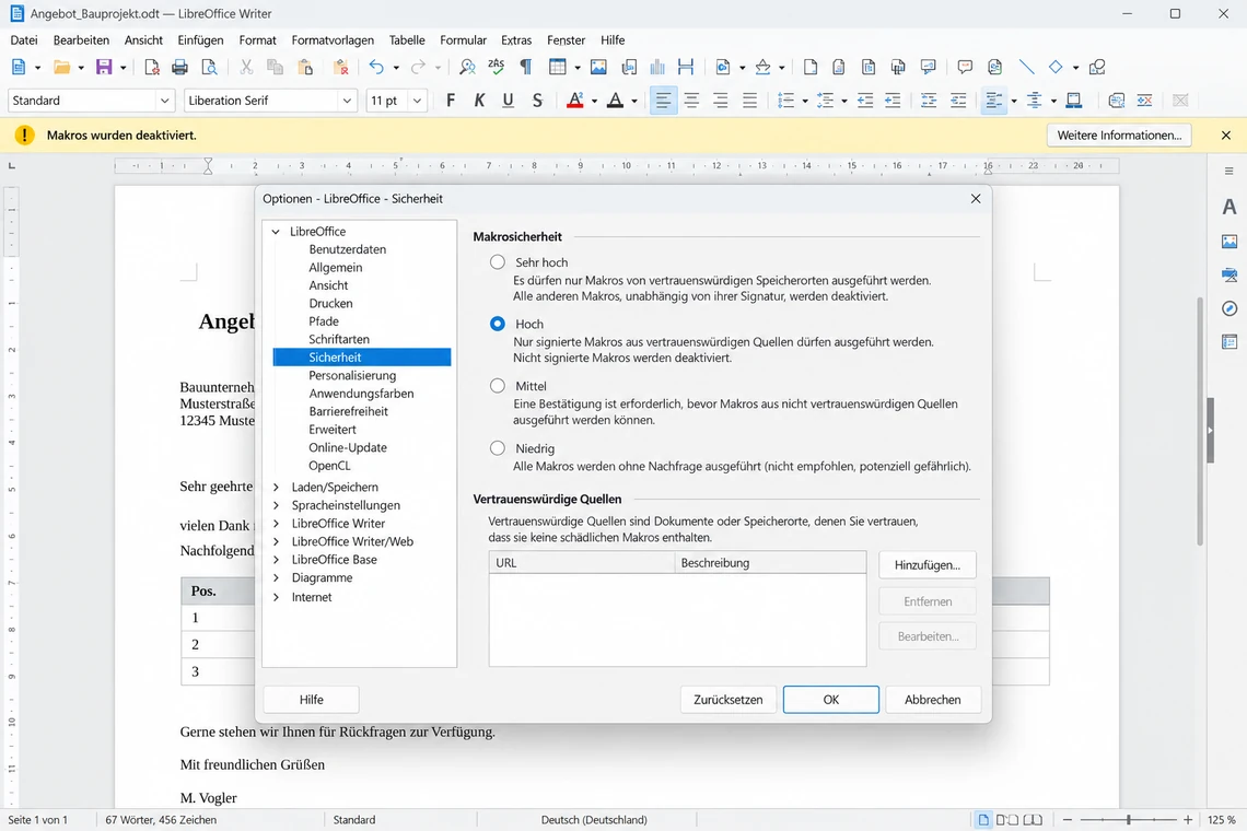 Dialog „Makrosicherheit“ in LibreOffice mit der ausgewählten Stufe „Hoch“