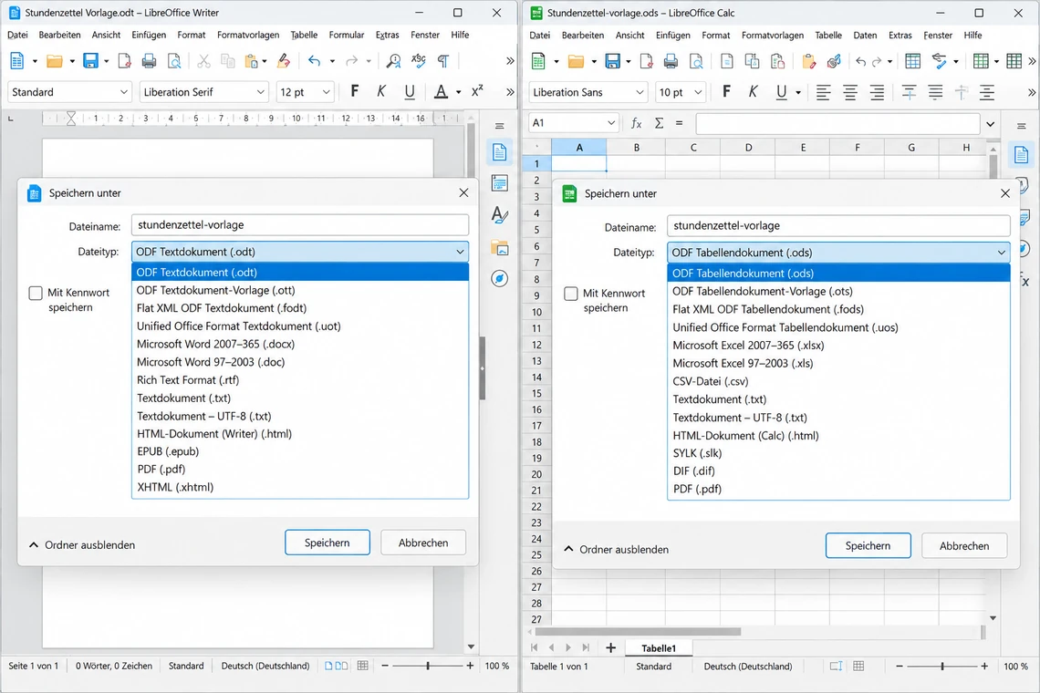 Dateityp-Auswahl im Speichern-Dialog von LibreOffice Writer und Calc mit .odt und .ods